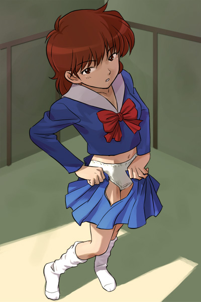 haruyama kazunori, takahata takako, mizuiro jidai, 1990s (style), 1girl, female focus, open clothes, open skirt, panties, retro artstyle, school uniform, serafuku, skirt, socks, solo, underwear, undressing