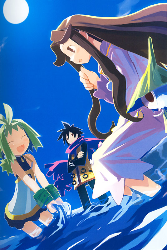 harada takehito, ash (phantom brave), castille, castille (phantom brave), marona (phantom brave), putty, putty (phantom brave), nippon ichi, phantom brave, official art, scan, 1boy, 2girls, blue hair, brown eyes, brown hair, closed eyes, crossed arms, day, dress, dutch angle, green eyes, multiple girls, ocean, open mouth, outdoors, scarf, sitting, sky, soaking feet, wading, water