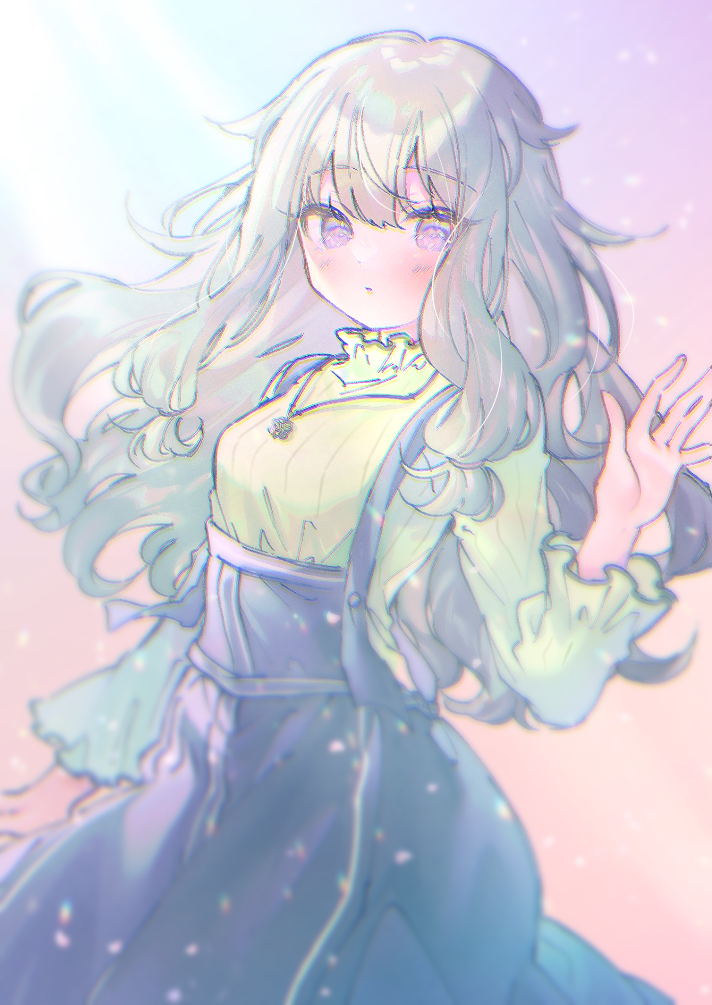 shiguri, kusanagi nene, project sekai, commentary, english commentary, highres, 1girl, breasts, closed mouth, green hair, green shirt, hand up, jewelry, long hair, long sleeves, looking at viewer, low-tied sidelocks, necklace, purple eyes, shirt, sidelocks, solo