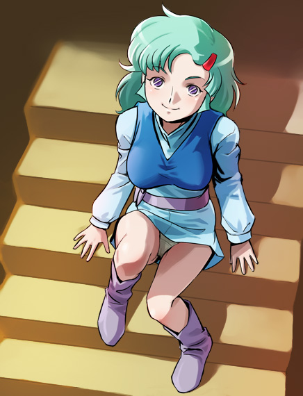 haruyama kazunori, elchi cargo, sentou mecha xabungle, xabungle, 1girl, aqua hair, belt, blush, boots, dress, female focus, from above, hair ornament, hairclip, holster, long hair, looking at viewer, looking up, panties, pantyshot, purple eyes, shirt, short dress, sidelocks, sitting, sitting on stairs, smile, solo, stairs, swept bangs, taut clothes, taut shirt, turtleneck, underwear, vest, white panties