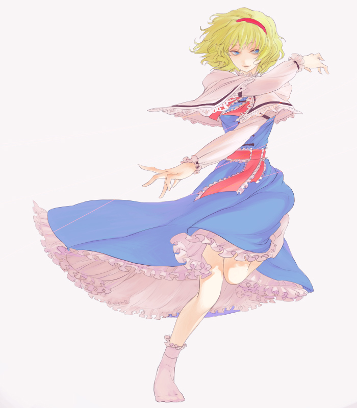 egawa satsuki, alice margatroid, touhou, 1girl, blonde hair, blue eyes, feet, female focus, frills, hairband, legs, no shoes, short hair, socks, solo, string