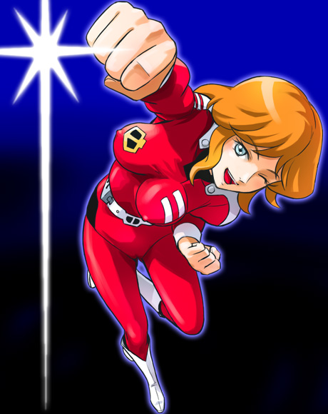 haruyama kazunori, joan randall, captain future, tagme, 1970s (style), 1girl, belt, black background, blue background, blue eyes, blue outline, bodysuit, boots, breasts, facing viewer, female focus, foreshortening, full body, gradient background, happy, impossible bodysuit, impossible clothes, looking at viewer, medium breasts, oldschool, one eye closed, orange hair, outline, punching, red bodysuit, retro artstyle, simple background, skin tight, smile, solo, white boots, wink