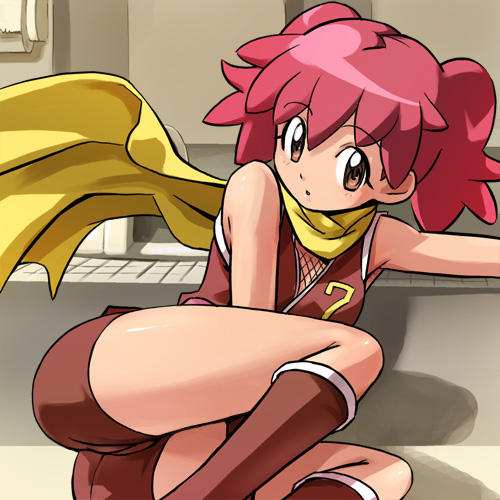 haruyama kazunori, hinata natsumi, keroro gunsou, eyebrows, lowres, 1girl, :o, ass, bare shoulders, brown eyes, brown socks, female focus, fur trim, kneehighs, looking at viewer, lying, on side, parted lips, pink hair, scarf, short hair, shorts, socks, solo, yellow scarf