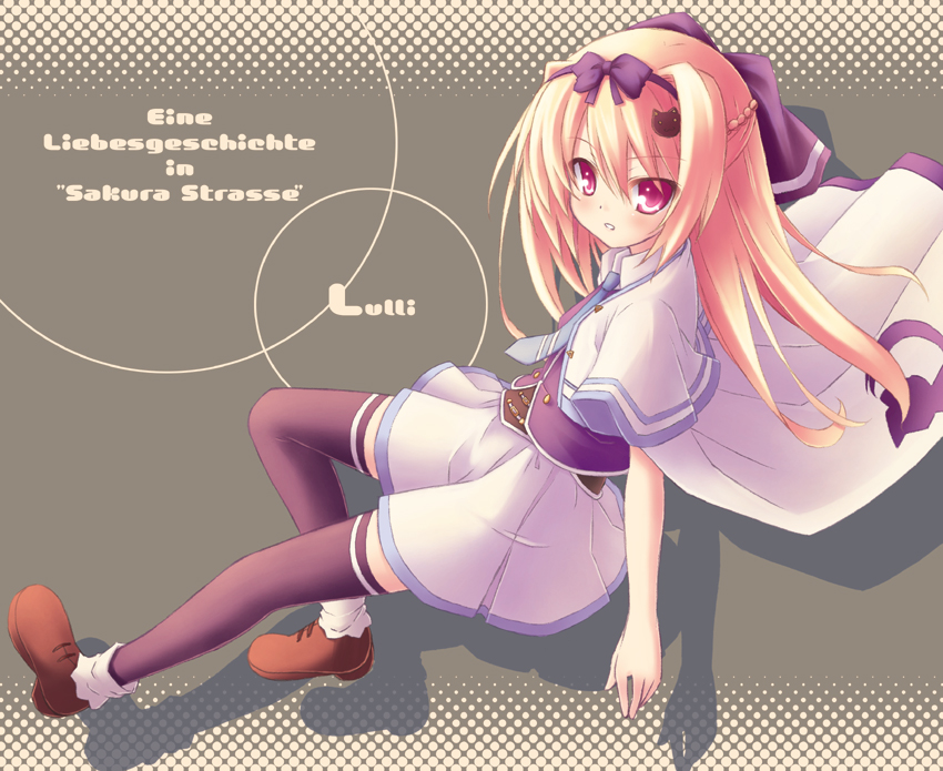 ryo (botugo), lulli, sakura strasse, 1girl, blonde hair, cat hair ornament, female focus, german text, hair ornament, red eyes, solo, thighhighs
