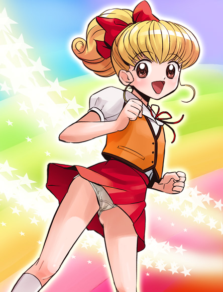 haruyama kazunori, moriya ririka, nurse angel ririka sos, 1990s (style), 1girl, female focus, panties, pantyshot, ponytail, rainbow background, retro artstyle, solo, underwear