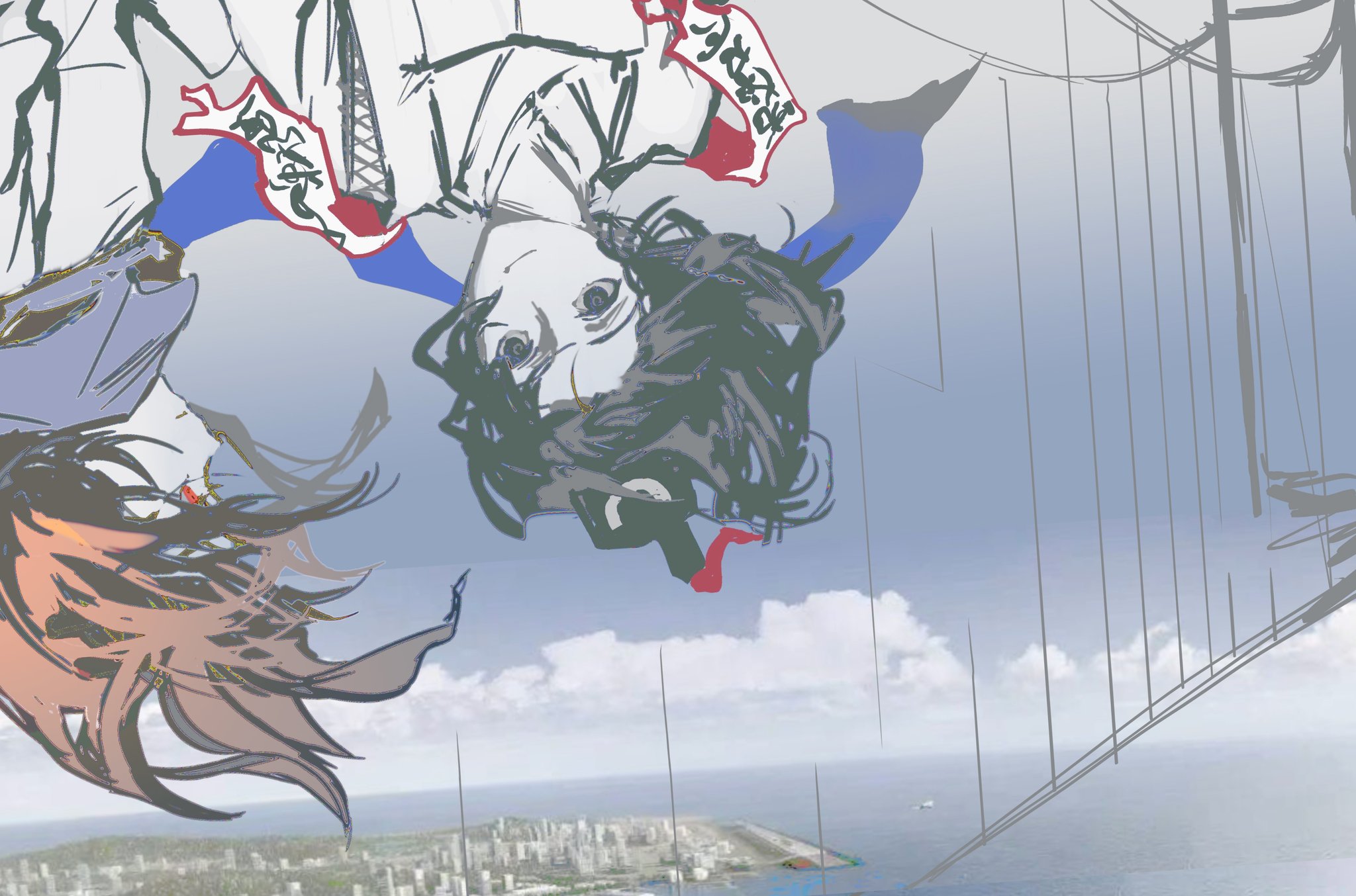nami oto, senri tsurubami, zuifeng tenkai, len'en, highres, 2others, androgynous, black eyes, black hair, black hat, blue scarf, blue sky, bridge, city, closed mouth, cloud, day, expressionless, eye of senri, happy, hat, hat ribbon, japanese clothes, kariginu, kimono, long sleeves, looking at another, multiple others, ocean, ofuda, ofuda on clothes, orange eyes, orange hair, other focus, outdoors, pointy nose, red ribbon, ribbon, scarf, short hair, sky, smile, tate eboshi, upper body, upside-down, white kimono