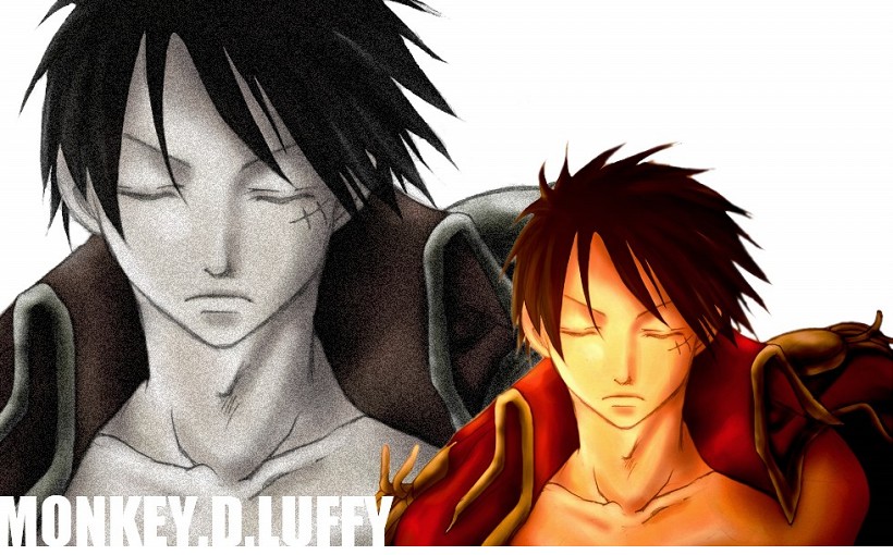 monkey d. luffy, one piece, 1boy, black hair, character name, closed eyes, coat, epaulettes, male focus, pirate, scar, solo, zoom layer