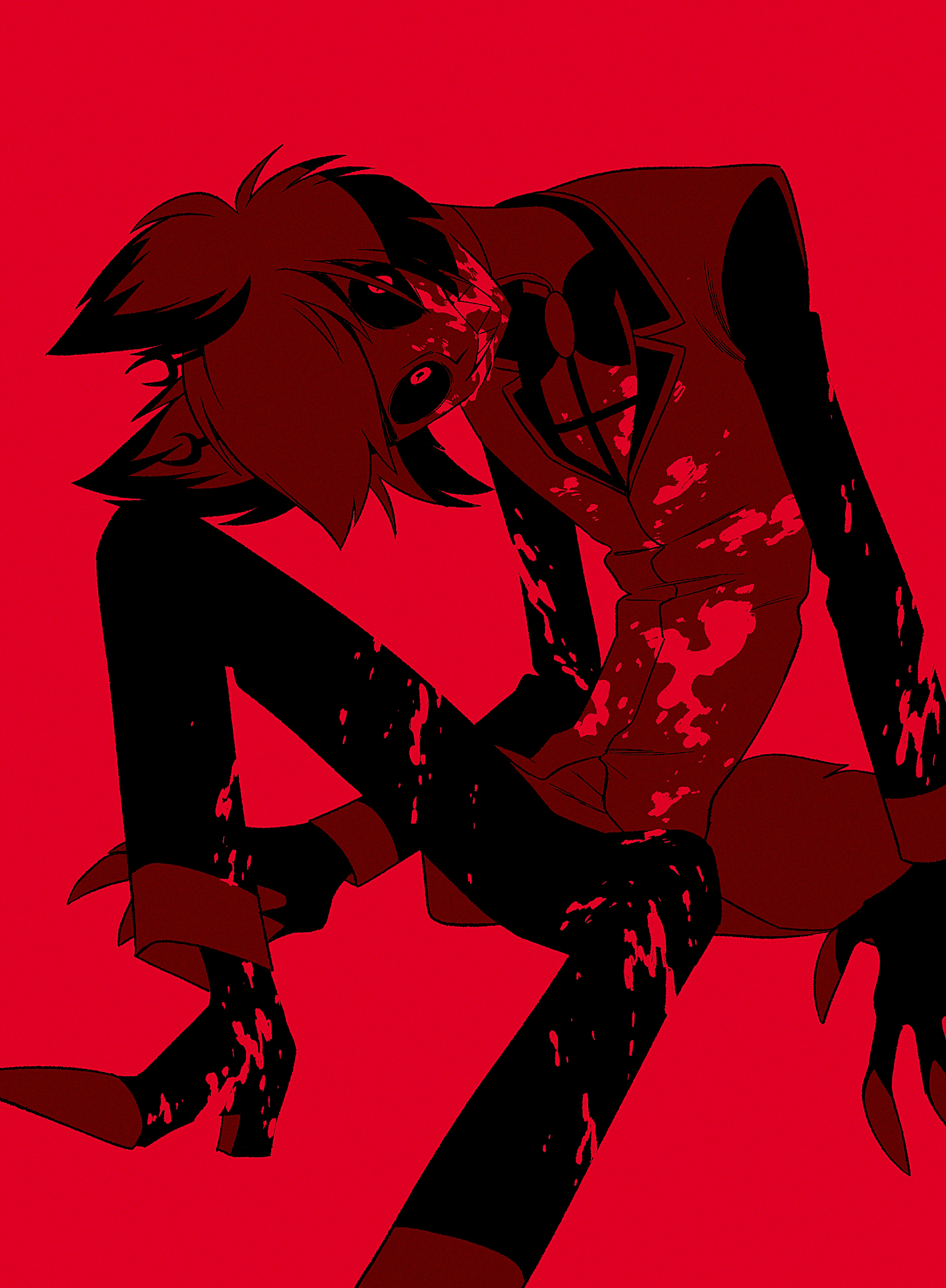 menma (enaic31), alastor (hazbin hotel), hazbin hotel, hellaverse, absurdres, commentary request, highres, 1boy, :d, antlers, blood, blood on clothes, blood on face, boots, bow, bowtie, coat, colored sclera, colored tips, deer antlers, foot out of frame, glowing, glowing eyes, grin, hair horns, head tilt, high heel boots, high heels, horns, horror (theme), knee up, long sleeves, looking at viewer, male focus, monochrome, multicolored hair, open mouth, pants, red background, red theme, sharp teeth, shirt, short hair, simple background, sitting, smile, solo, teeth, traditional bowtie, two-tone hair