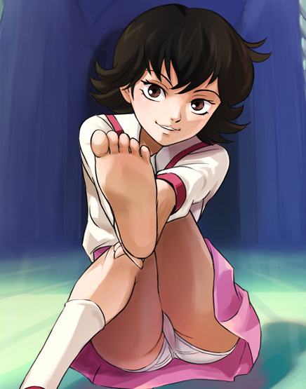 haruyama kazunori, hino kaoru, god mazinger, 1980s (style), 1girl, barefoot, black hair, blouse, brown eyes, crossed legs, feet, female focus, miniskirt, oldschool, panties, pantyshot, pussy, retro artstyle, shirt, shoes, short hair, single shoe, single sock, sitting, skirt, socks, soles, solo, toes, underwear, upskirt, white panties, white socks