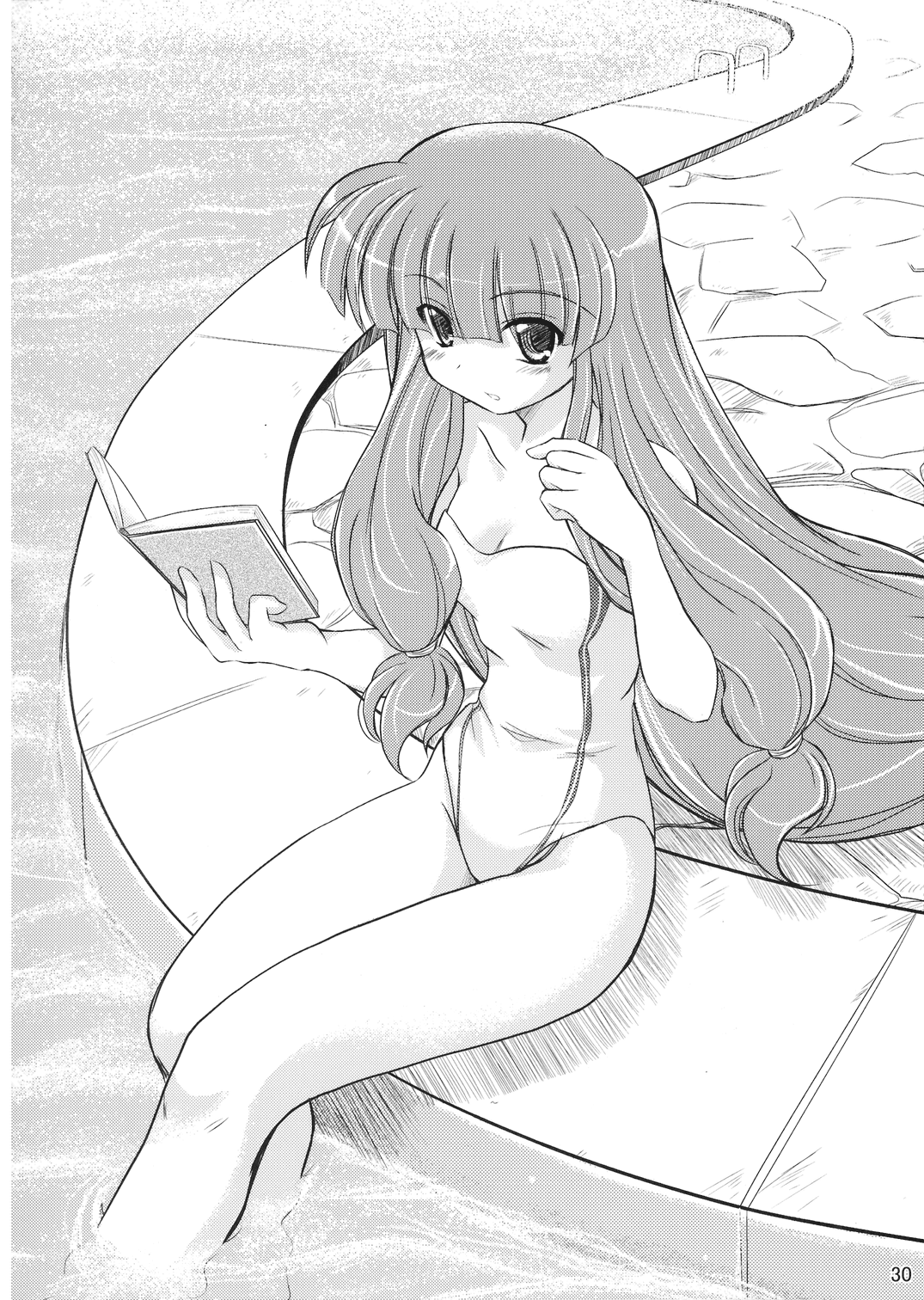 patchouli knowledge, touhou, highres, 1girl, female focus, greyscale, monochrome, one-piece swimsuit, solo, swimsuit
