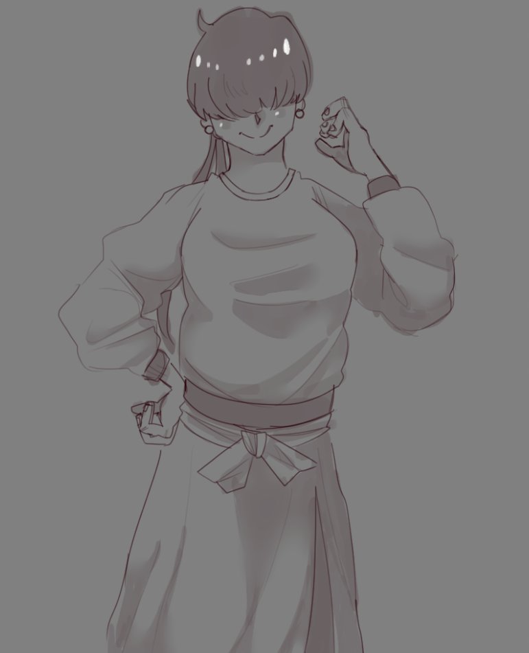 1shermieaday, shermie (kof), the king of fighters, 1girl, baggy clothes, belt, breasts, dress, earrings, female focus, hand up, jewelry, large breasts, long hair, long sleeves, ponytail, smile, standing, sweater, twintails