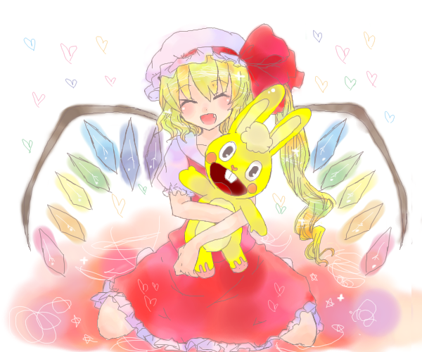 coolier, cuddles (happy tree friends), flandre scarlet, happy tree friends, touhou, 1girl, :d, ^ ^, blonde hair, blush, closed eyes, crossover, crystal, demon wings, dress, female focus, full body, hat, mob cap, oekaki, open mouth, puffy short sleeves, puffy sleeves, rabbit, red dress, short sleeves, simple background, sitting, smile, solo, stuffed animal, stuffed rabbit, stuffed toy, wariza, white background, wings