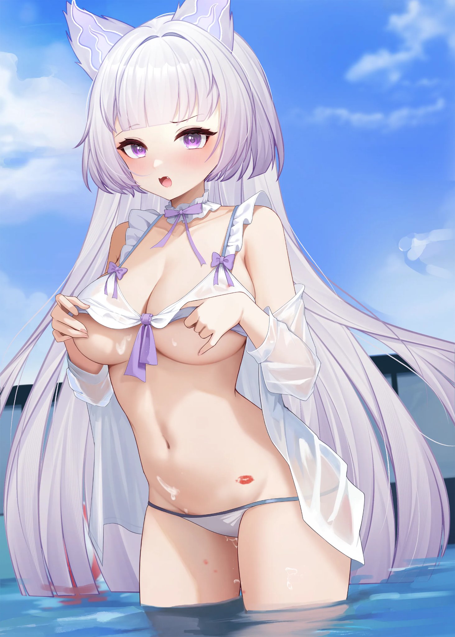 zaikiai, indie virtual youtuber, 1girl, animal ears, bikini, breasts, cleavage, grey hair, long hair, looking at viewer, purple eyes, revealing clothes, solo, swimsuit, virtual youtuber, water
