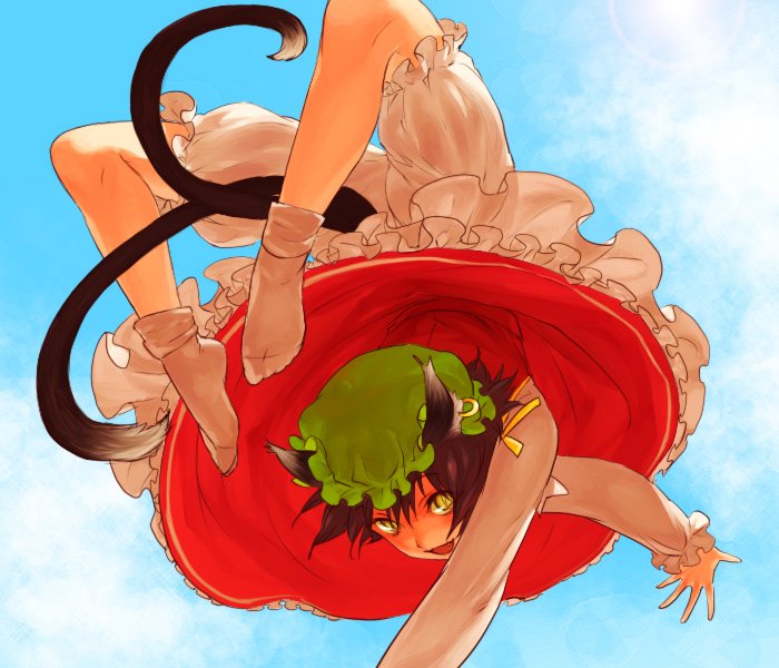 egawa satsuki, chen, touhou, 1girl, animal ears, bloomers, brown hair, cat ears, cat girl, cat tail, earrings, feet, female focus, hat, jewelry, multiple tails, nekomata, no shoes, smile, socks, solo, somersault, tail, two tails, underwear, upside-down, white bloomers, yellow eyes
