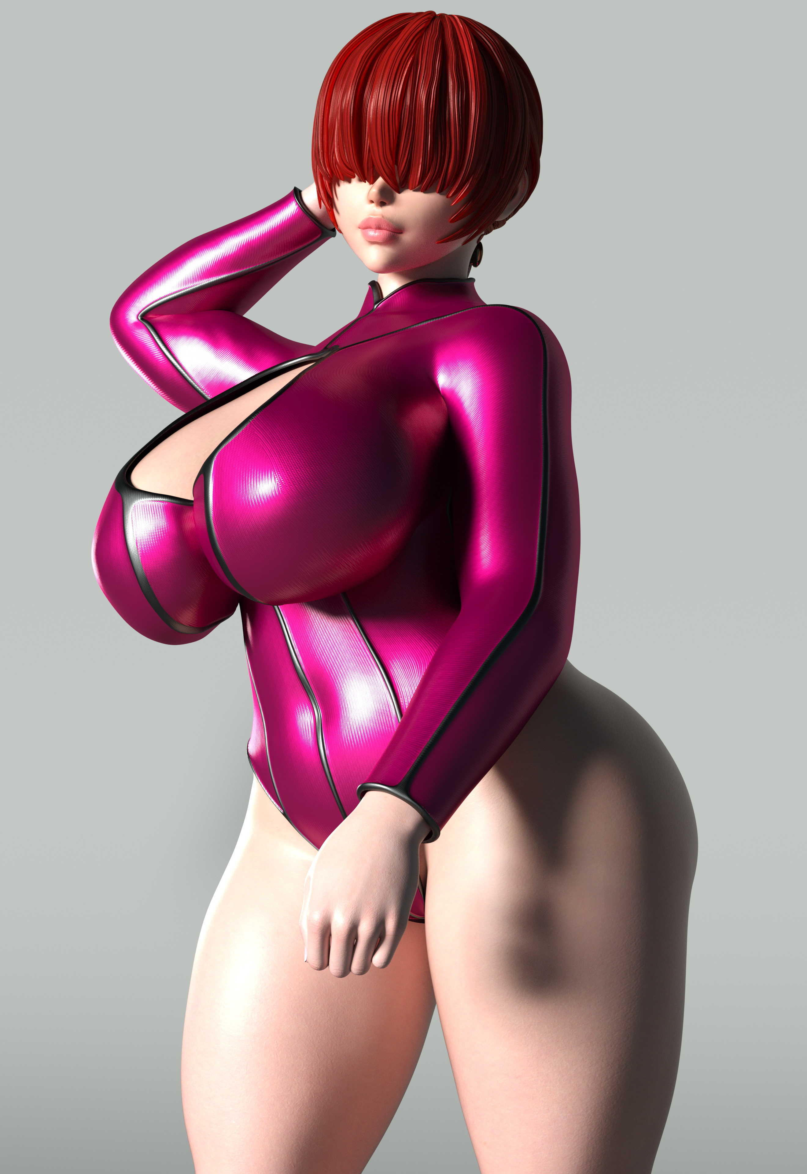 ryu4life, shermie (kof), the king of fighters, 1girl, bodysuit, breasts, cleavage, cleavage cutout, clothing cutout, curvy, female focus, huge breasts, large breasts, long hair, pale skin, red hair, ryuhoshi4life, shiny clothes, shiny skin, standing, thick lips, thick thighs, thighs, tight clothes, wide hips