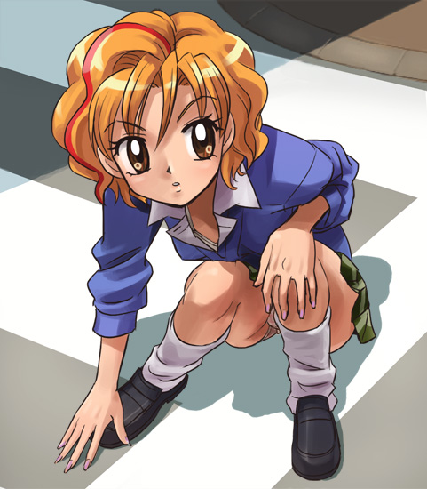 haruyama kazunori, kotobuki ran, gals!, 1girl, black shoes, blue sweater, brown eyes, brown hair, female focus, fingernails, green skirt, gyaru, hand on own knee, kogal, long fingernails, loose socks, multicolored hair, nail polish, panties, pantyshot, parted lips, school uniform, serafuku, shirt, shoes, short hair, skirt, sleeves rolled up, socks, solo, streaked hair, sweater, tan, teeth, underwear, white shirt, white socks