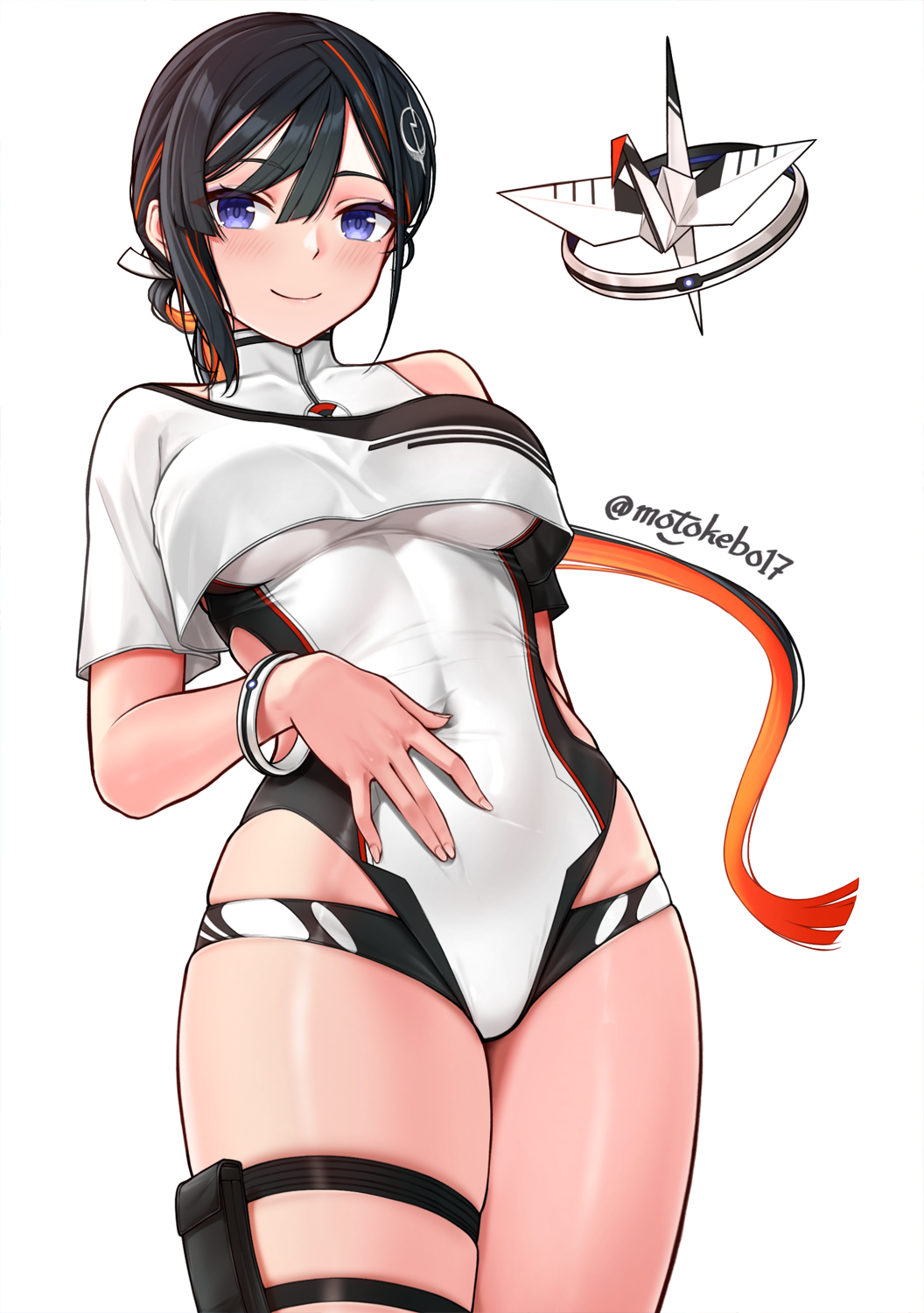 motokebo17, jeunesse crane (fate), miss crane (fate), fate/grand order, fate (series), highres, 1girl, black hair, breasts, colored inner hair, hand on own stomach, holster, jeunesse crane (first ascension) (fate), long hair, low ponytail, medium breasts, multicolored hair, non-humanoid robot, one-piece swimsuit, ponytail, purple eyes, red hair, robot, robot animal, robot bird, smile, swimsuit, thigh holster, twitter username, white background, white one-piece swimsuit, wristband