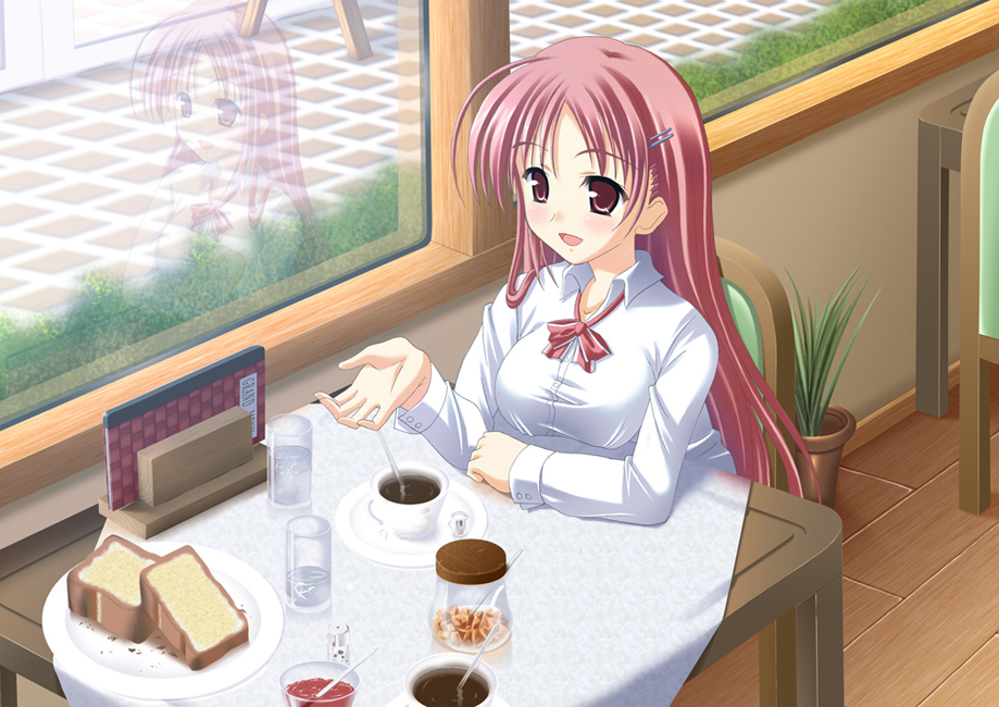skywaker, original, 1girl, bread, coffee, female focus, food, glass, jam, long hair, pink eyes, pink hair, solo, very long hair