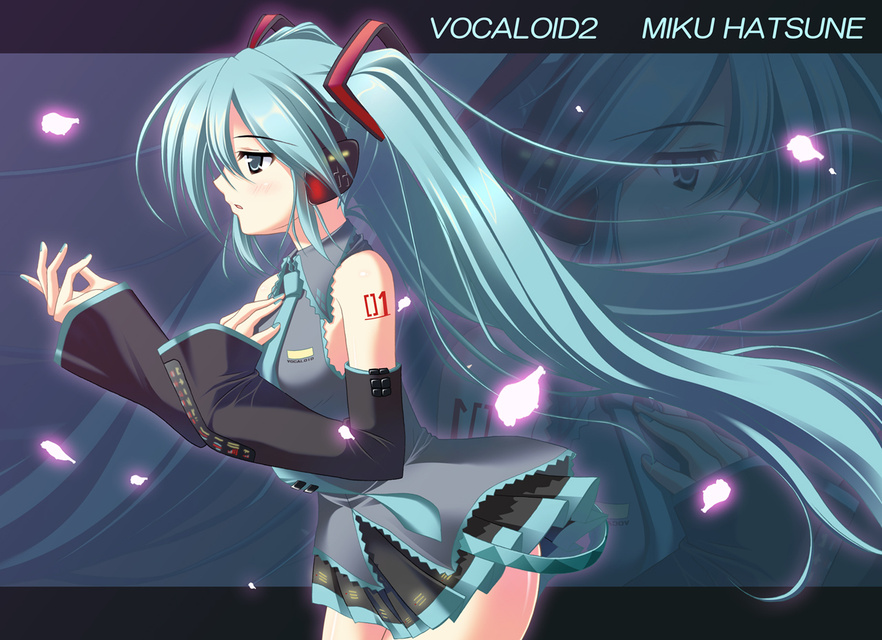 skywaker, hatsune miku, vocaloid, 1girl, :o, aqua hair, bare legs, belt, blush, cowboy shot, detached sleeves, female focus, from side, hair ornament, headgear, headphones, leaning forward, letterboxed, long hair, miniskirt, necktie, open mouth, pleated skirt, profile, skirt, solo, standing, tattoo, thighs, twintails, very long hair, zoom layer