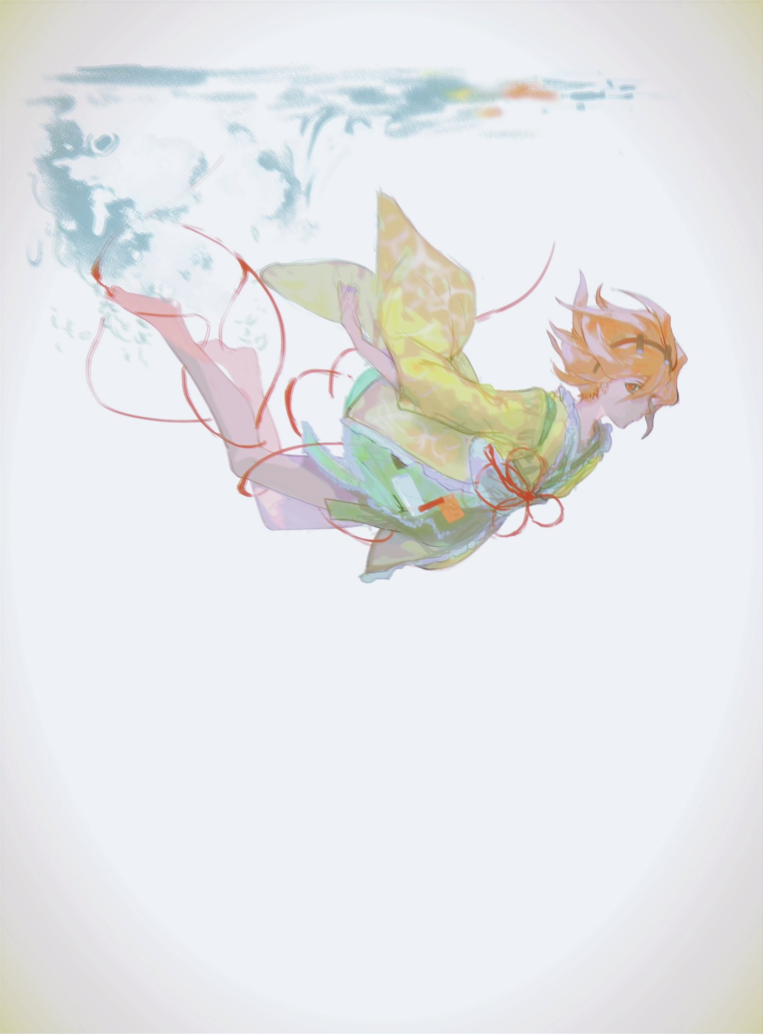 nami oto, zuifeng tenkai, len'en, highres, 1other, air bubble, androgynous, barefoot, bubble, closed mouth, expressionless, falling, feet, floating clothes, floating hair, full body, green shorts, hair between eyes, hair rollers, hairband, japanese clothes, kimono, leg ribbon, long sleeves, looking at viewer, obi, orange eyes, orange hair, other focus, pointy nose, red hairband, red ribbon, ribbon, sash, short hair, shorts, solo, underwater, waist ribbon, white background, white sash, wide sleeves, yellow kimono