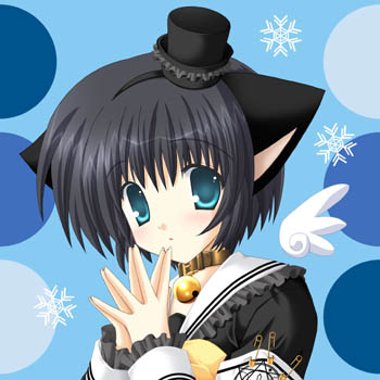 nekoneko, lowres, angel, animal ears, black hair, cat ears, gothic lolita, hat, lolita fashion, short hair, snow, wings