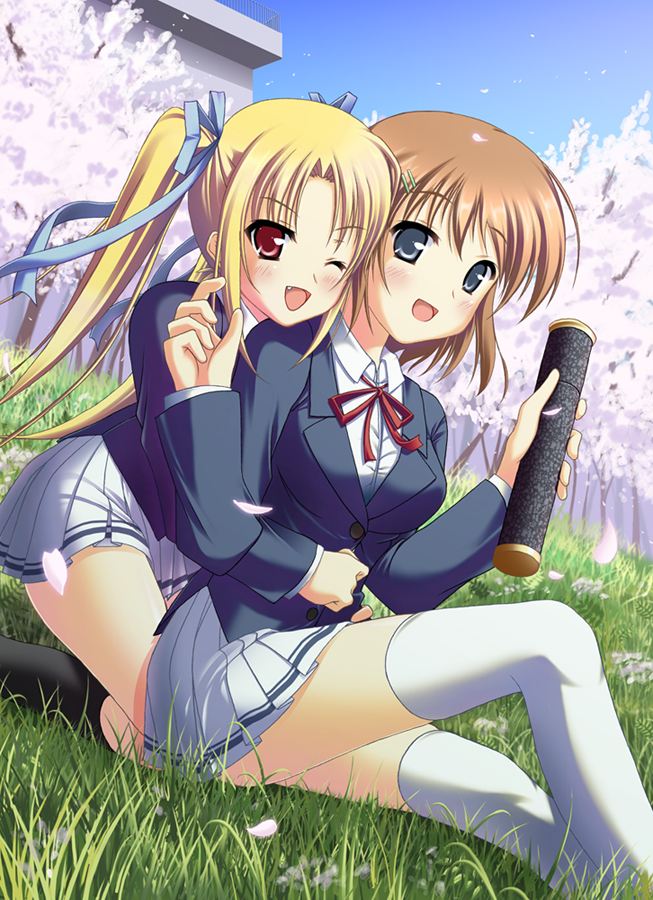 skywaker, original, white legwear, 2girls, blonde hair, blue eyes, blush, brown hair, day, diploma, holding, holding diploma, multiple girls, one eye closed, open mouth, red eyes, school uniform, serafuku, short hair, sitting, skirt, thighhighs, twintails, wink