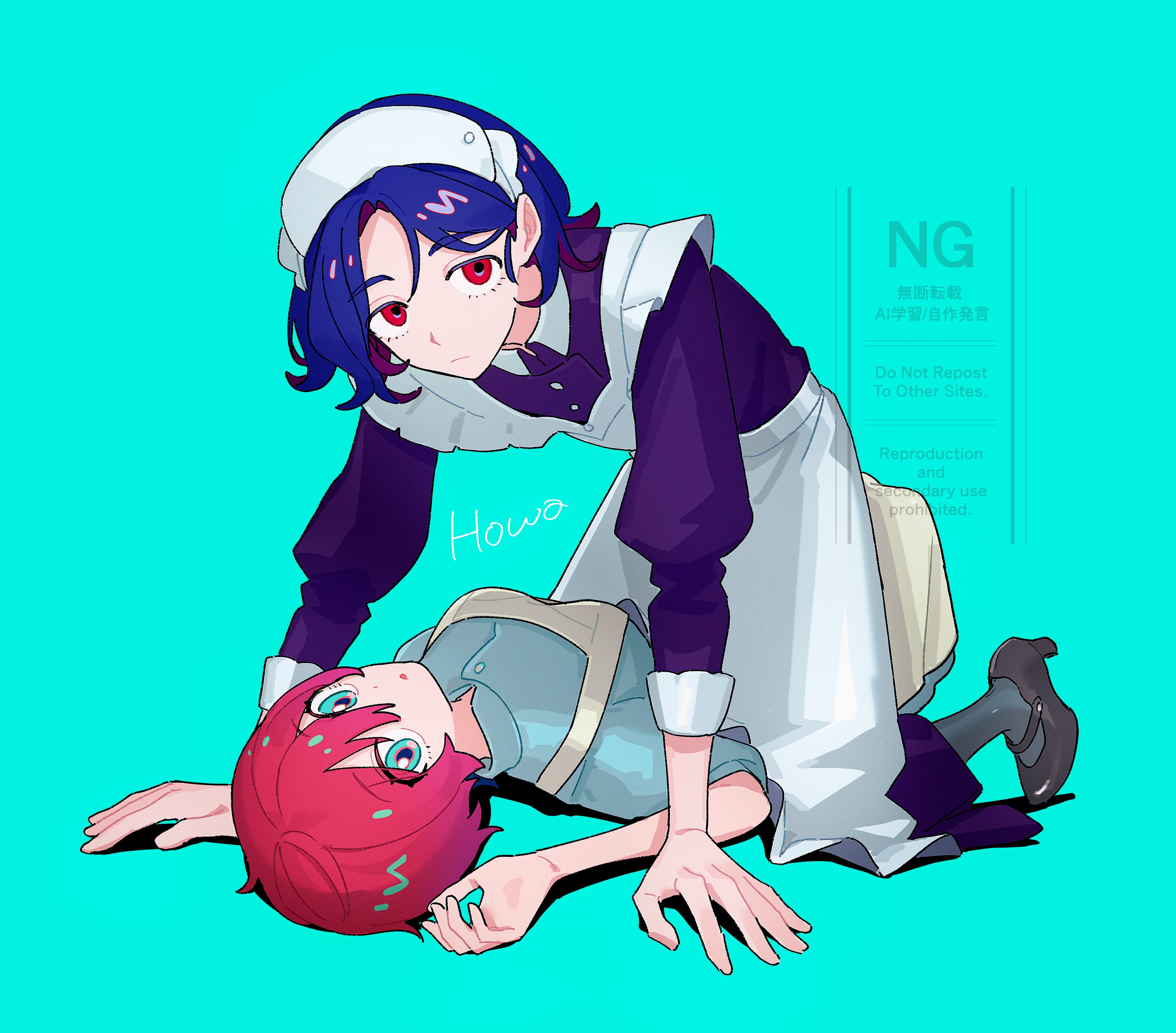 amate yuzuriha, shuji ito, gundam, gundam gquuuuuux, absurdres, highres, 1boy, 1girl, apron, aqua eyes, black dress, blue hair, boy on top, breasts, closed mouth, colored inner hair, couple, crossdressing, crossdressing (mtf), dress, frilled apron, frills, hetero, high heels, long sleeves, looking at viewer, maid, maid apron, maid headdress, male maid, mqkepuoq, multicolored hair, open mouth, purple hair, red eyes, red hair, shirt, short hair, simple background, two-tone hair, white apron