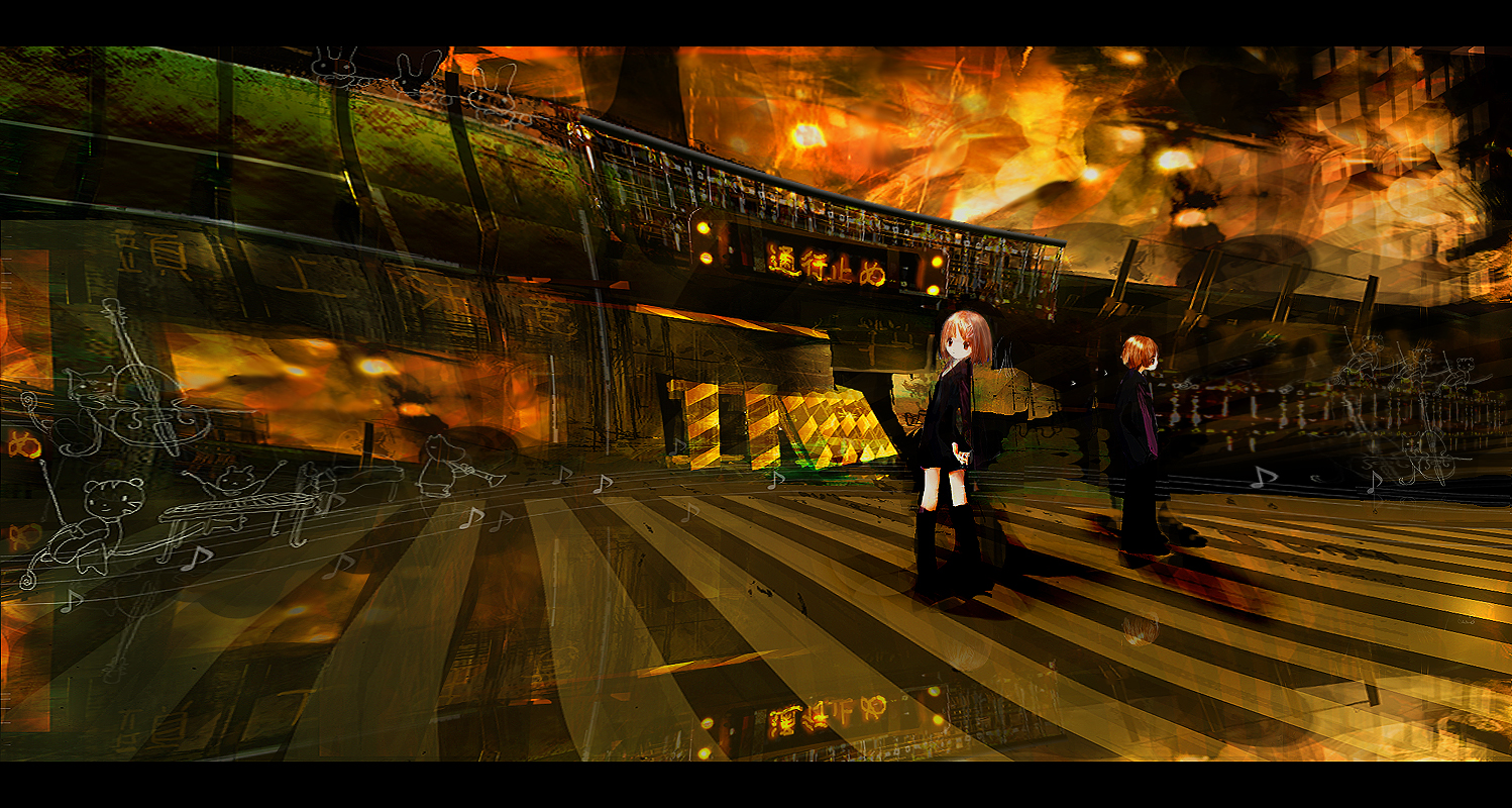 86thunder, snk, the king of fighters, vehicle, 1boy, 1girl, arch, black socks, bridge, brown eyes, brown hair, crosswalk, fire, formal clothes, kneehighs, letterboxed, long sleeves, looking at viewer, looking back, motor vehicle, necktie, purple necktie, red hair, road, short hair, socks, street, suit, train