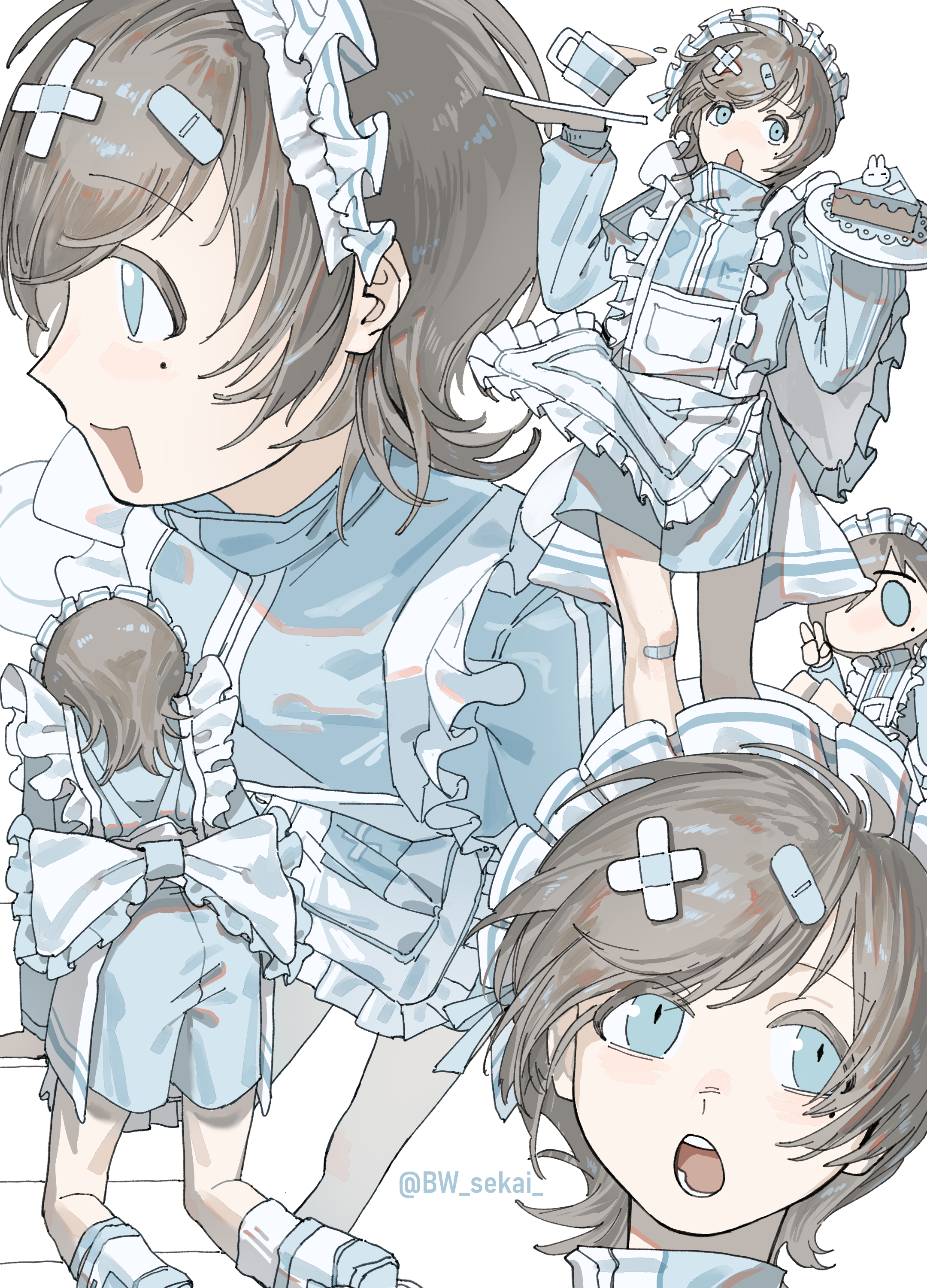 kanae (nijisanji), nijisanji, absurdres, hashtag-only commentary, highres, 1boy, alternate costume, apron, bandaid, bandaid hair ornament, bandaid on knee, bandaid on leg, blue eyes, blue jacket, blue shorts, brown hair, bw sekai, crossed bandaids, frilled apron, frills, hair ornament, holding, holding tray, jacket, jersey maid, maid, maid apron, maid headdress, male focus, mole, mole under eye, multiple views, roller skates, short hair, shorts, simple background, skates, socks, track jacket, tray, twitter username, unconventional maid, virtual youtuber, white apron, white background, white headdress, white socks