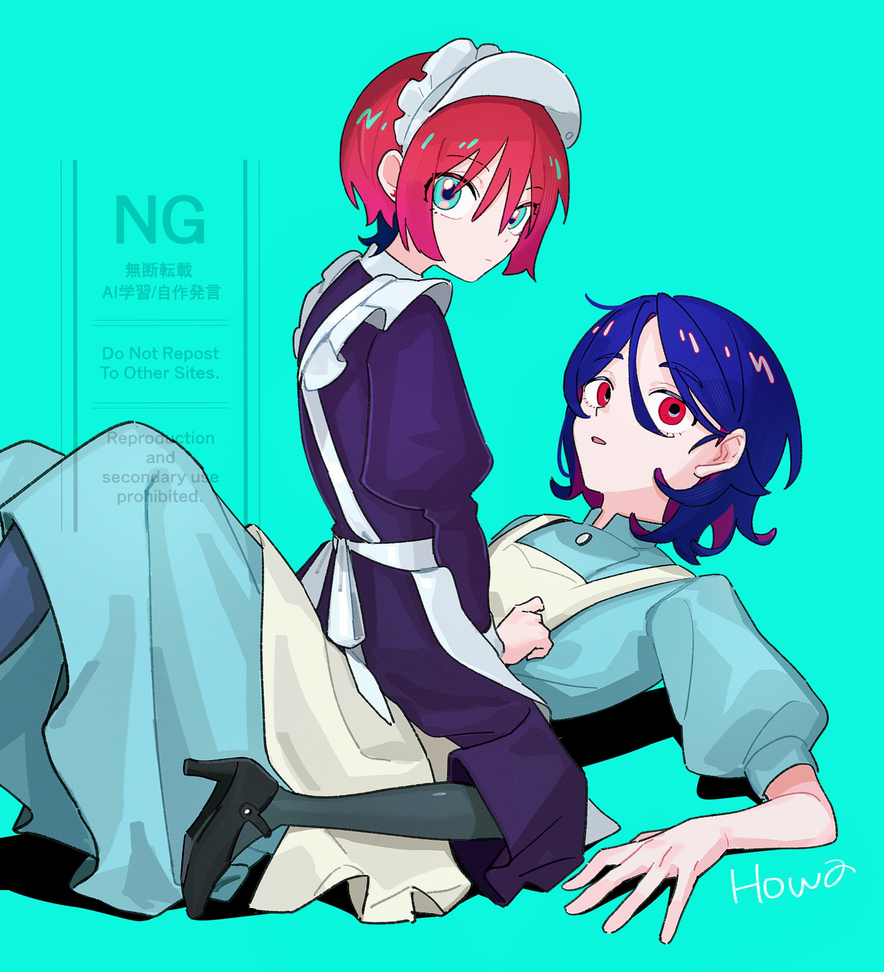 amate yuzuriha, shuji ito, gundam, gundam gquuuuuux, absurdres, highres, 1boy, 1girl, apron, aqua eyes, black dress, blue hair, breasts, closed mouth, colored inner hair, couple, crossdressing, crossdressing (mtf), dress, frilled apron, frills, girl on top, hetero, high heels, long sleeves, looking at viewer, maid, maid apron, maid headdress, male maid, mqkepuoq, multicolored hair, open mouth, pantyhose, purple hair, red eyes, red hair, shirt, short hair, simple background, two-tone hair, white apron