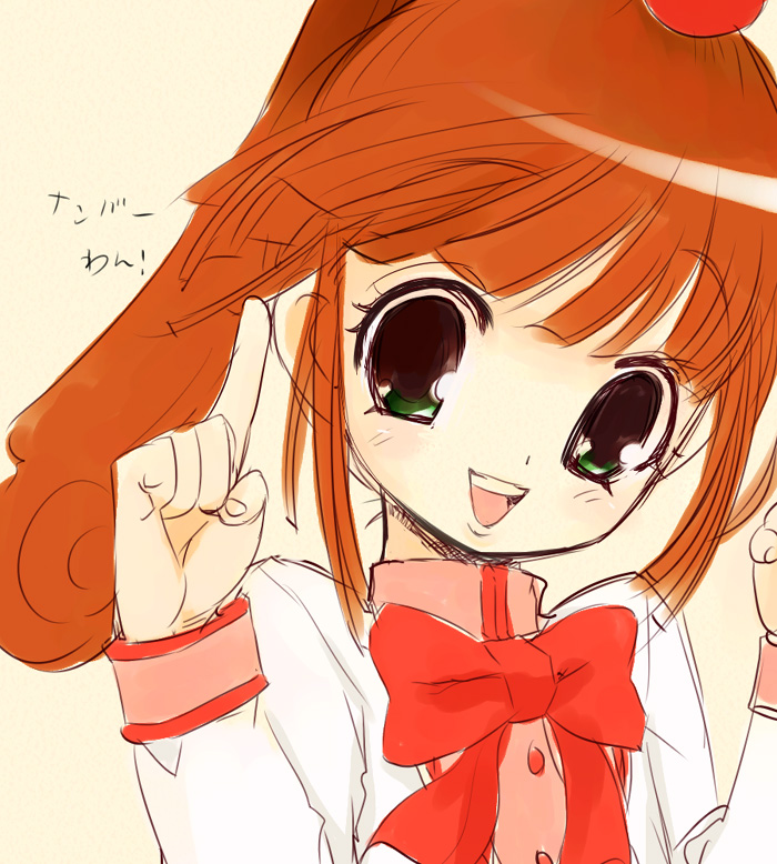 goshiki suzu, 1girl, bow, female focus, green eyes, red hair, simple background, solo