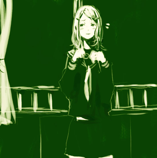 goshiki suzu, 1girl, curtains, female focus, green theme, monochrome, railing, school uniform, serafuku, solo, window