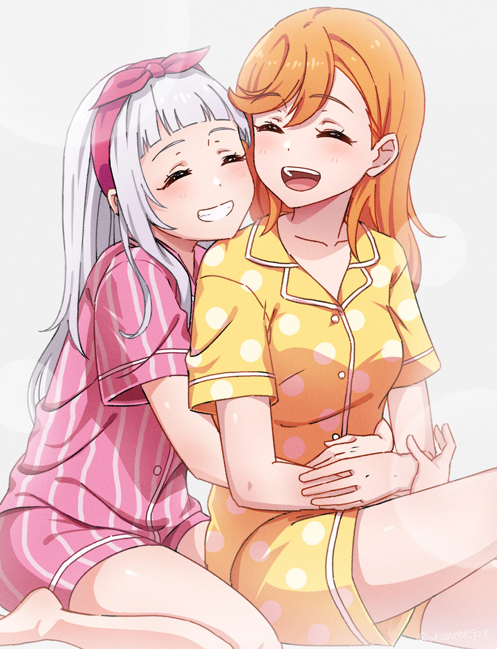 akane (akaneoekaki0928), arashi chisato, shibuya kanon, love live!, love live! superstar!!, commentary request, highres, 2girls, ^ ^, blunt bangs, closed eyes, grey hair, grin, happy, hug, hug from behind, long hair, multiple girls, open mouth, pajamas, pink pajamas, polka dot, polka dot pajamas, short sleeves, simple background, sitting, smile, straight hair, striped clothes, striped pajamas, swept bangs, vertical-striped clothes, vertical-striped pajamas, white background, yellow pajamas