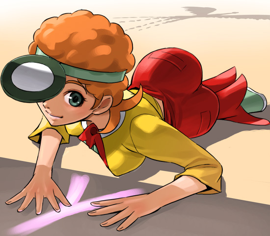 haruyama kazunori, himeguri koyomi, tatsunoko production, time bokan (series), yattodetaman, 1980s (style), 1girl, afro, aqua eyes, ass, back, bell-bottoms, bird, boots, eyeshadow, hair ribbon, head mirror, looking at viewer, lying, makeup, oldschool, on side, on stomach, orange hair, overalls, pants, retro artstyle, ribbon, shadow, shirt, short hair, skin tight, smile