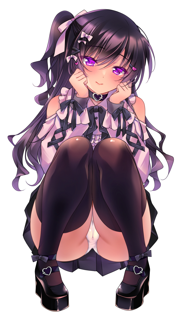 ichiyou moka, takanashi iori (ichiyou moka), saimin kanojo (ichiyou moka), highres, 1girl, black choker, black ribbon, black shoes, black skirt, black thighhighs, bow, cameltoe, choker, clothing cutout, hair bow, hair ornament, heart, heart choker, heart hair ornament, jirai kei, panties, pantyshot, pink shirt, ribbon, shirt, shoes, shoulder cutout, skirt, solo, thighhighs, underwear, white background, white bow, white panties