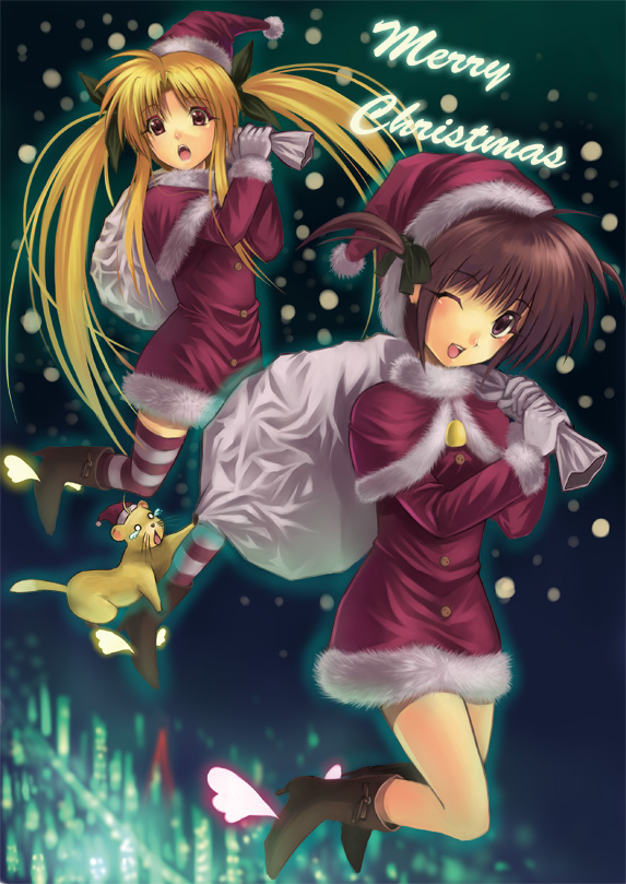 kitiroku, fate testarossa, takamachi nanoha, yuuno scrya, lyrical nanoha, mahou shoujo lyrical nanoha, striped legwear, 00s, 2girls, ;d, blonde hair, boots, brown hair, capelet, christmas, ferret, hat, multiple girls, one eye closed, open mouth, sack, santa costume, santa hat, smile, striped clothes, striped thighhighs, thighhighs, twintails