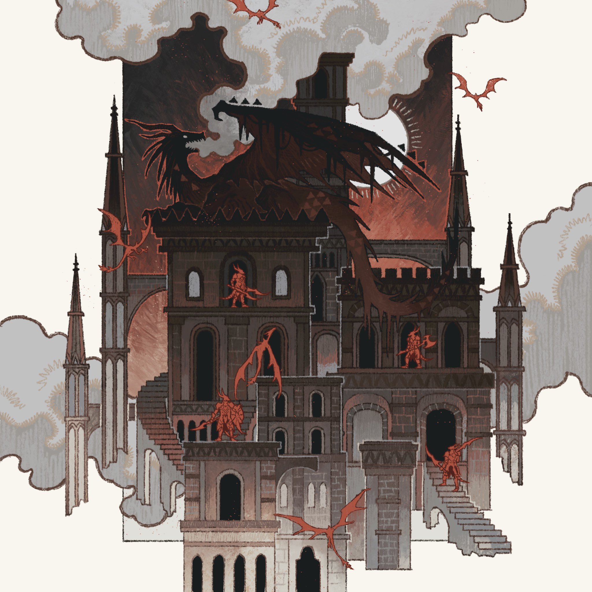 la bo chu shi, dark souls (series), dark souls ii, highres, axe, castle, day, doorway, dragon, dragon tail, flying, holding, holding axe, holding shield, holding sword, holding weapon, knight, shield, smoke, spire, stairs, stone stairs, sun, sword, tail, weapon, white background, wings, wyvern
