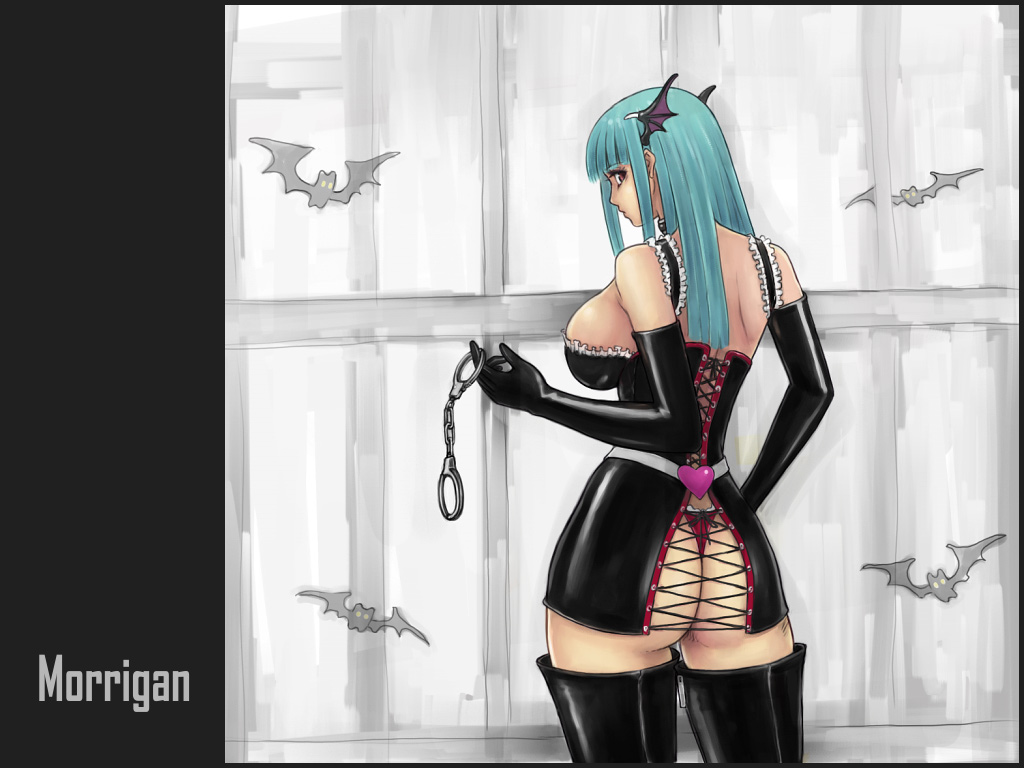 ark (morita hitomi), morrigan aensland, capcom, darkstalkers, 1girl, alternate costume, aqua hair, ass, bare shoulders, bat (animal), belt, black dress, black gloves, black thighhighs, blunt bangs, boots, breasts, character name, collar, corset, cowboy shot, cross-laced clothes, cuffs, demon girl, dress, elbow gloves, female focus, frilled dress, frills, from behind, gloves, green hair, hand on own hip, handcuffs, head wings, heart, hip focus, holding, lace, lace-trimmed panties, lace trim, large breasts, long hair, looking at viewer, looking back, narrow waist, panties, profile, red eyes, red panties, short dress, sideboob, sidelocks, solo, standing, thigh boots, thighhighs, thong, underwear, window, wings, zipper