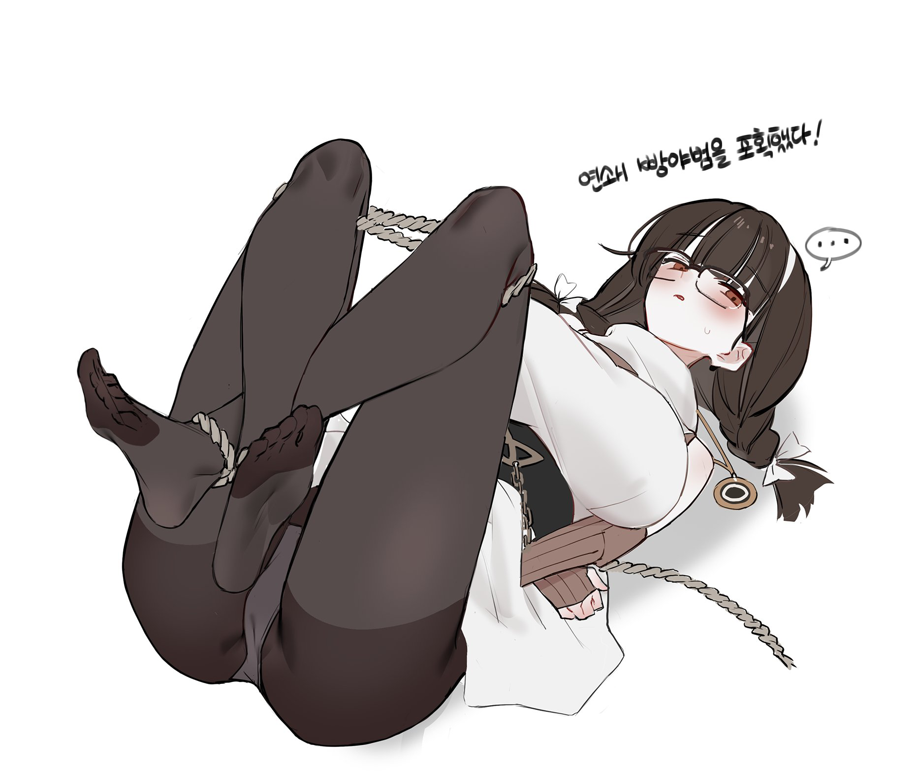dr.b (drb02), suzuki aya, black survival, eternal return: black survival, highres, …, 1girl, bare shoulders, bdsm, belt, black belt, black pantyhose, blunt bangs, bondage, bound, bound ankles, bound arms, bound legs, braid, breasts, brown hair, crossed ankles, dress, feet, fingerless gloves, full body, glasses, gloves, hairband, jewelry, korean text, large breasts, looking at viewer, lying, necklace, on back, panties, panties under pantyhose, pantyhose, red eyes, rope, simple background, sleeveless, sleeveless dress, solo, speech bubble, spoken ellipsis, sweatdrop, toes, twin braids, underwear, white background, white dress, white hairband, white panties