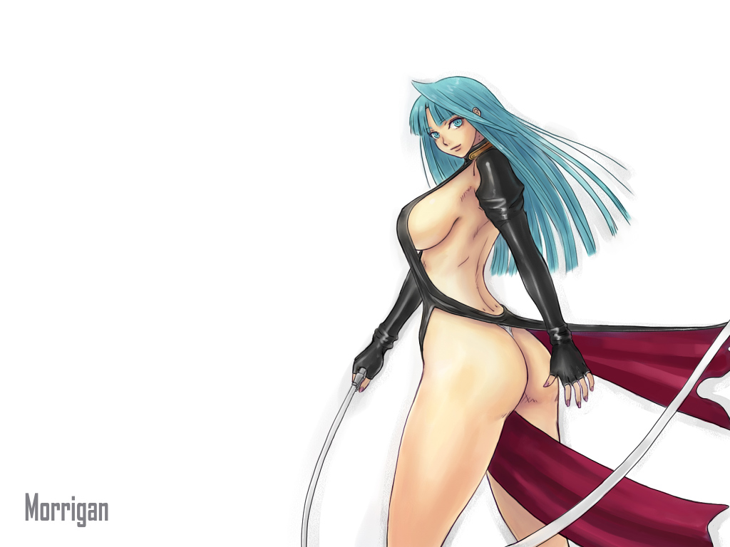 ark (morita hitomi), morrigan aensland, capcom, darkstalkers, 1girl, ass, breasts, character name, cosplay, demon girl, detached sleeves, dress, female focus, fingernails, large breasts, legs, long fingernails, long legs, nail (hardware), nail polish, panties, pink nails, side slit, sideboob, solo, thick thighs, thighs, thong, underwear