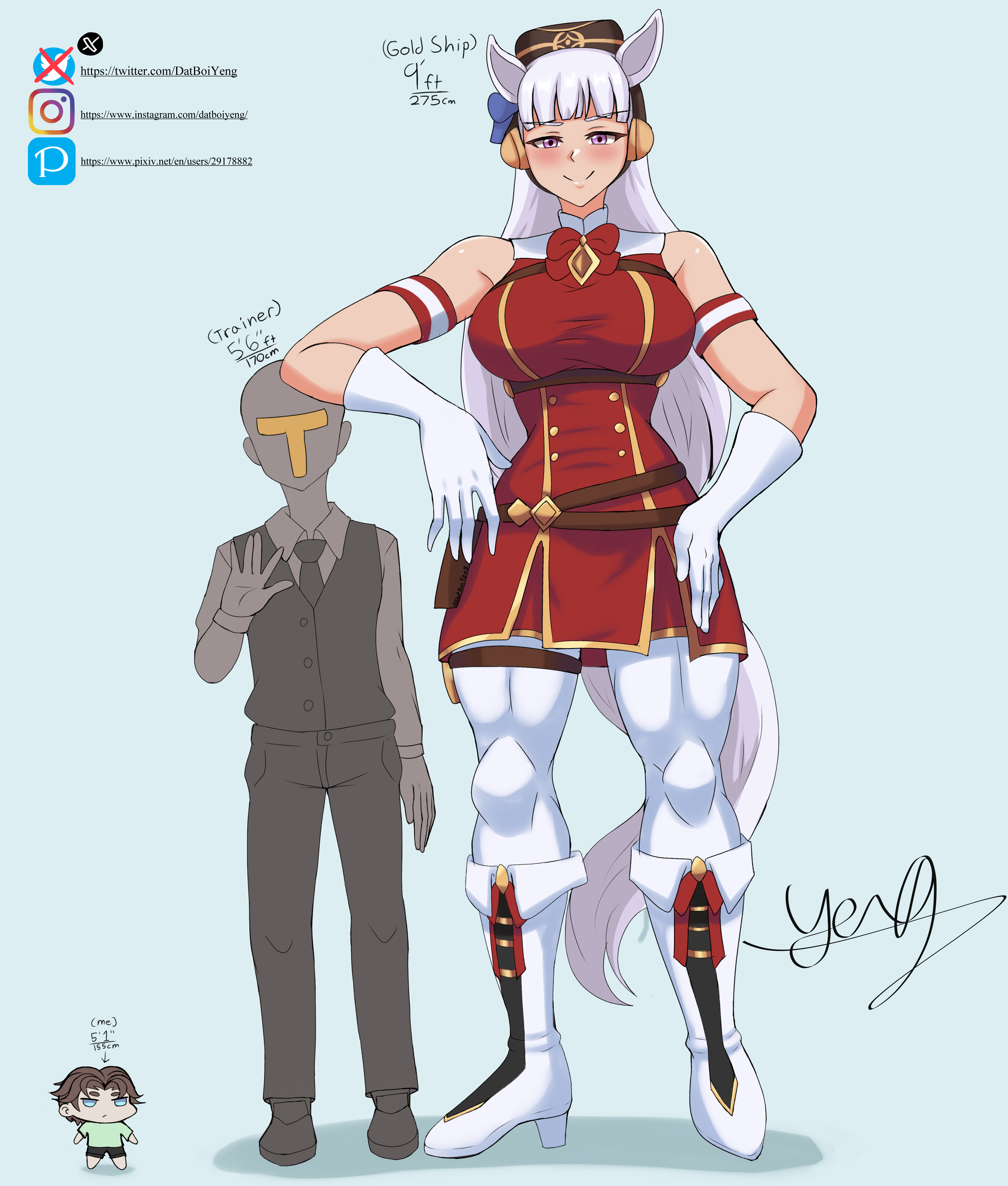 datboiyeng, gold ship (umamusume), trainer (umamusume), umamusume, absurdres, commentary, english commentary, highres, 1boy, 1girl, 2boys, animal ears, bare shoulders, black vest, bow, breasts, brown hat, ear bow, gloves, hat, height difference, horse ears, horse girl, horse tail, large breasts, multiple boys, muscular, muscular female, pantyhose, pillbox hat, purple eyes, shoes, smile, tail, tall female, vest, white gloves, white shoes