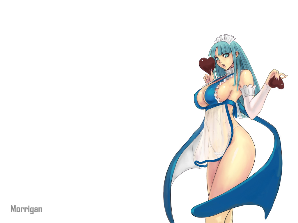 ark (morita hitomi), morrigan aensland, capcom, darkstalkers, 1girl, blue eyes, blue hair, breasts, character name, cosplay, demon girl, female focus, fingernails, huge breasts, large breasts, long fingernails, maid, matching hair/eyes, nail (hardware), nail polish, pink nails, solo
