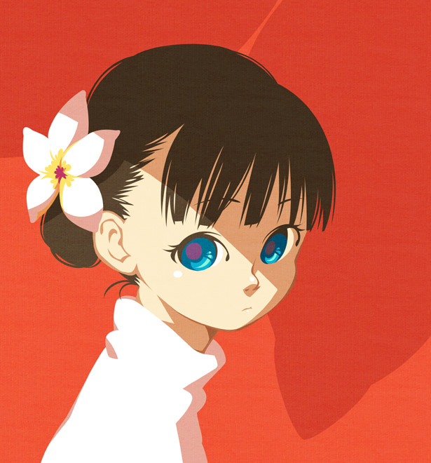 hinata (artist), magamoto, original, bad id, bad pixiv id, 1girl, blue eyes, brown hair, female focus, flower, hair flower, hair ornament, solo