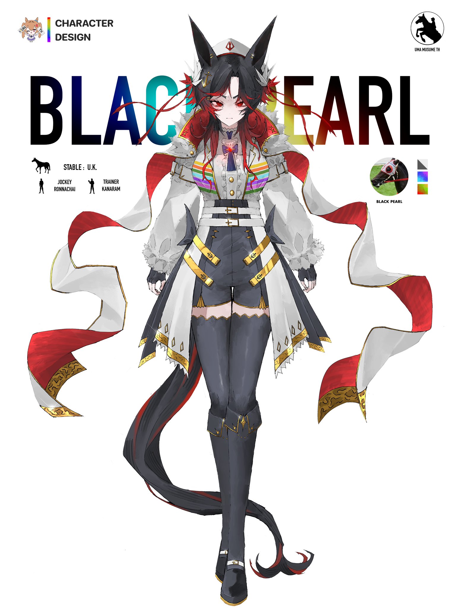 isaac x235, original, highres, 1girl, animal ears, black hair, black pearl (racehorse), closed mouth, horse ears, horse girl, solo, standing, thailand, white background