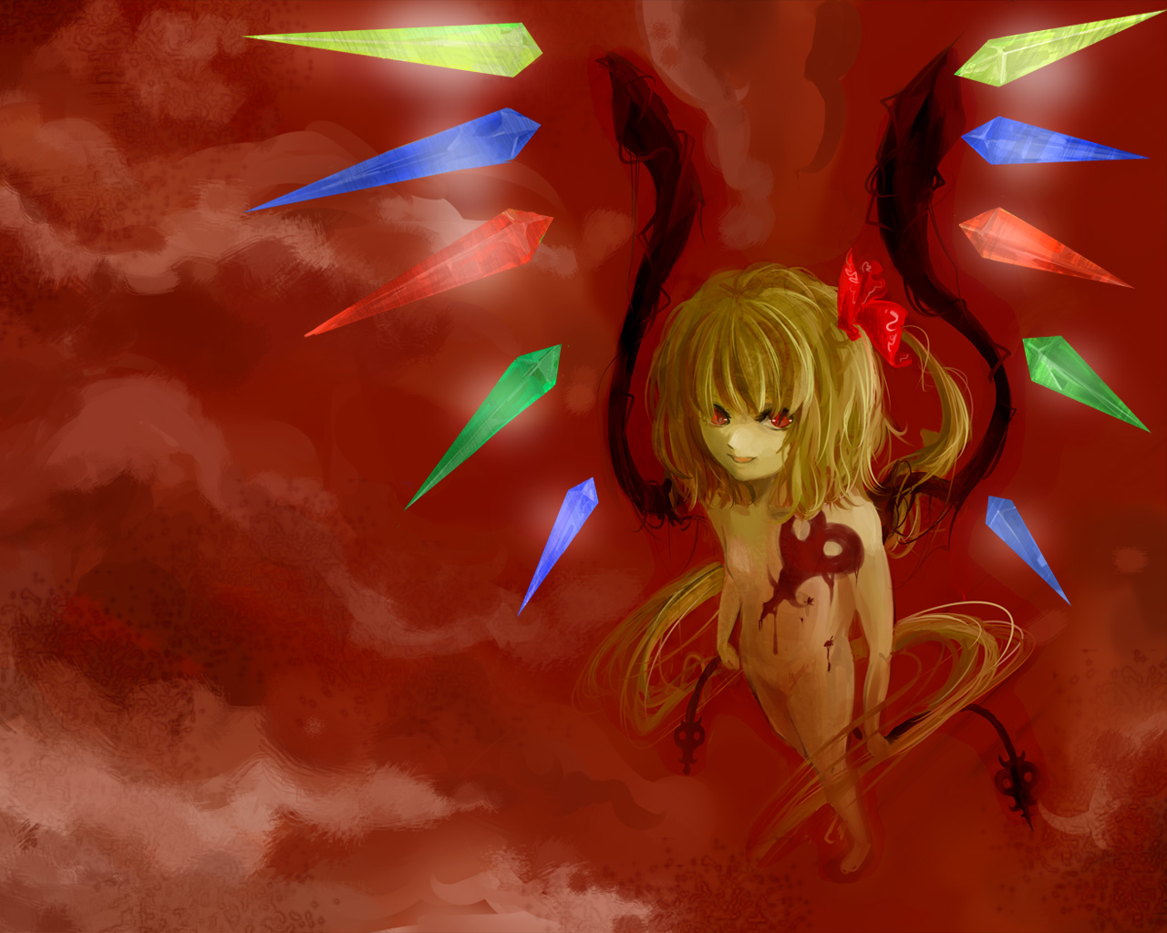 tomasu, tsurukame, flandre scarlet, embodiment of scarlet devil, touhou, 1girl, barefoot, completely nude, female focus, flat chest, from above, laevatein, laevatein (touhou), loli, looking up, nude, red background, solo, wings