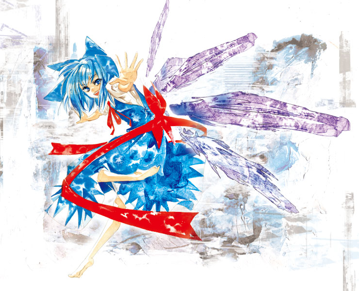 tomasu, tsurukame, cirno, touhou, 1girl, barefoot, female focus, solo, wings