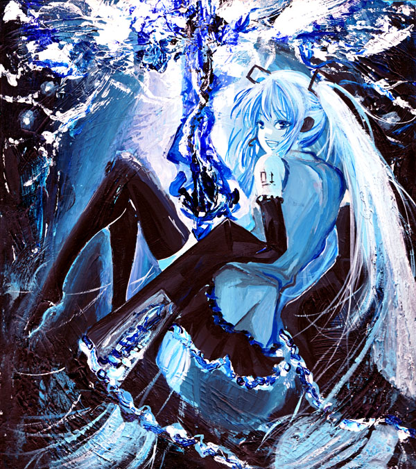 tomasu, tsurukame, hatsune miku, vocaloid, traditional media, 1girl, :d, arm tattoo, bare shoulders, blouse, blue theme, boots, detached sleeves, female focus, frilled skirt, frills, from behind, full body, headset, invisible chair, long hair, long sleeves, looking at viewer, looking back, miniskirt, monochrome, number tattoo, open mouth, pleated skirt, round teeth, shirt, sitting, skirt, sleeveless, sleeveless shirt, smile, solo, tattoo, teeth, thigh boots, thighhighs, tsurime, twintails, very long hair, water, zettai ryouiki
