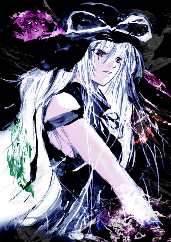 tomasu, tsurukame, yakumo yukari, touhou, silver hair, 1girl, bare shoulders, black dress, dress, electricity, expressionless, female focus, from side, glowing, hat, looking at viewer, looking to the side, magic, parted lips, red eyes, sleeveless, sleeveless dress, solo, witch hat