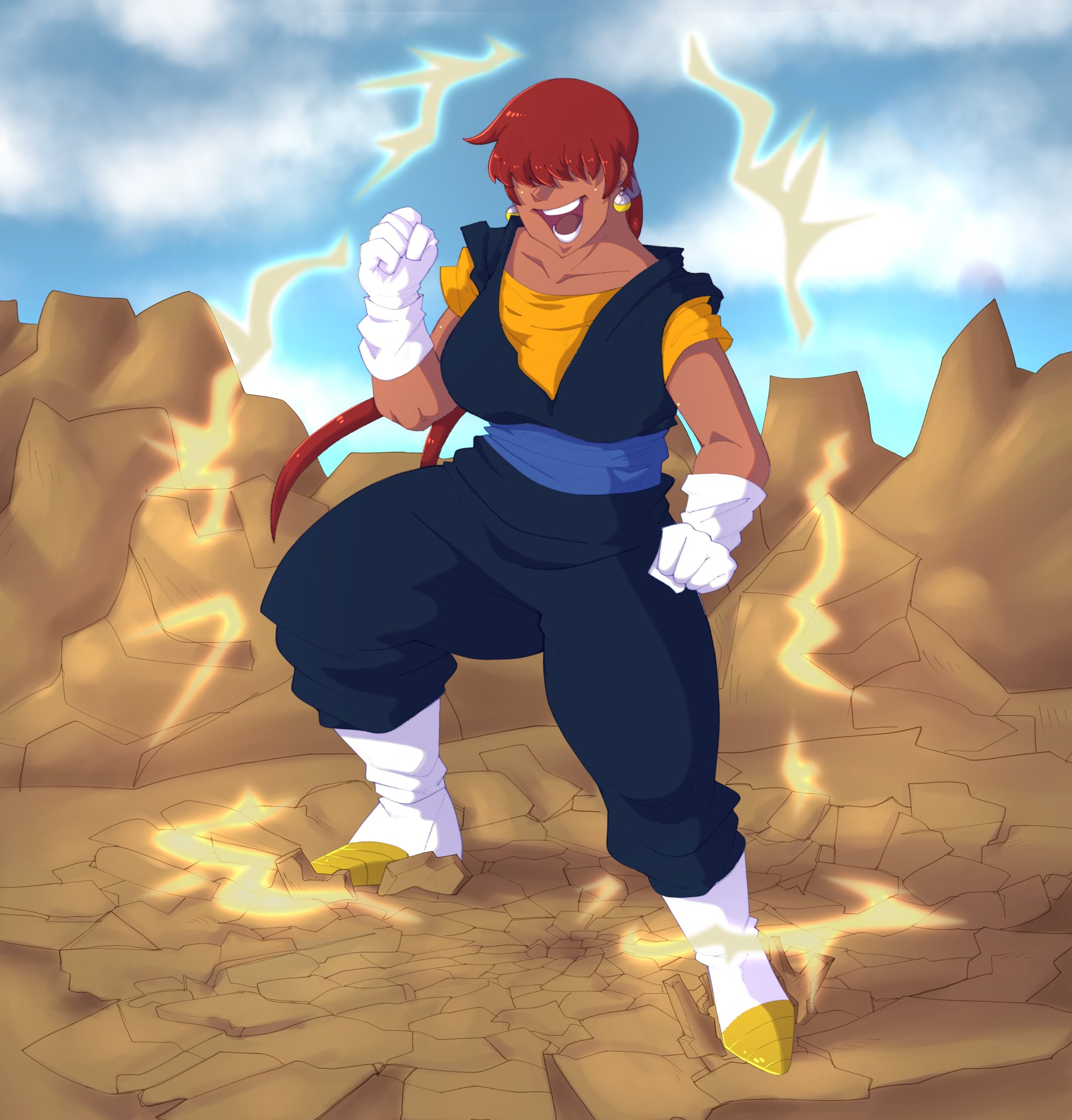 1shermieaday, shermie (kof), dragon ball, the king of fighters, 1girl, boots, breasts, curvy, dark-skinned female, dark skin, earrings, female focus, gloves, hand up, huge breasts, jewelry, large breasts, long hair, marellartt, muscular, muscular female, outdoors, pants, red hair, smile, smiley face, sonic95boom, standing, tan, thick thighs, thighs, toned, toned female, twintails, wide hips