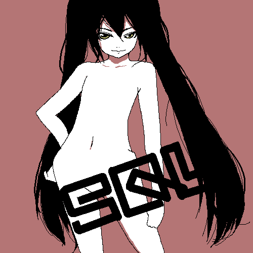 artist request, copyright request, lowres, 1girl, black hair, female focus, hand on own hip, hip focus, loli, long hair, navel, no nipples, nude, oekaki, simple background, smirk, solo, twintails, very long hair, yellow eyes
